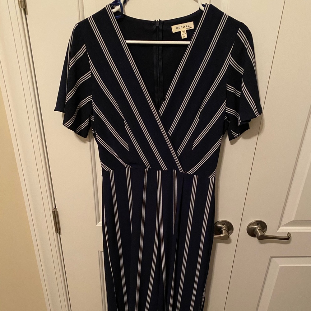 Navy Blue M Monteau Striped Wrap Front Jumpsuit